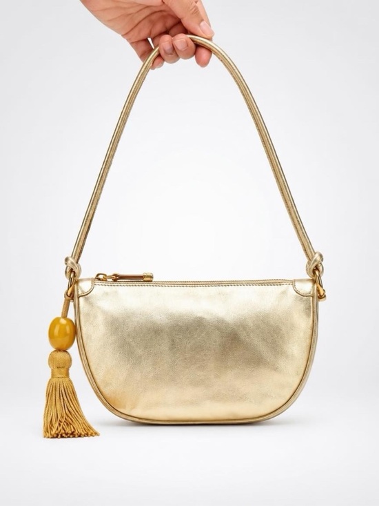 Escada Handbags - Escada Leather Shoulder Bag, zip, double strap, tassel charm, gold, EUC